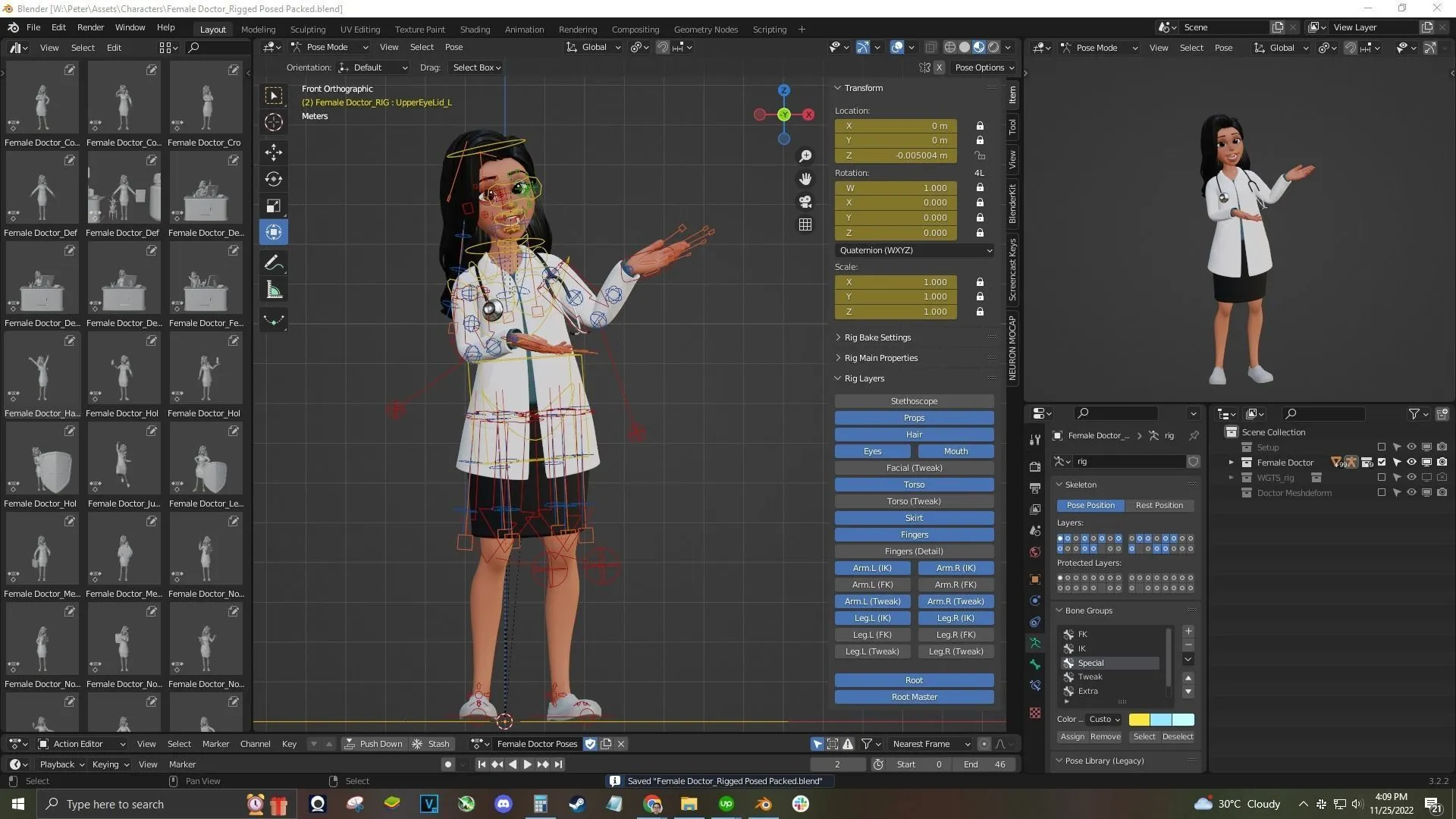 Doctor Cartoon Female Character - Rigged in Blender with advanced face and body rigging system